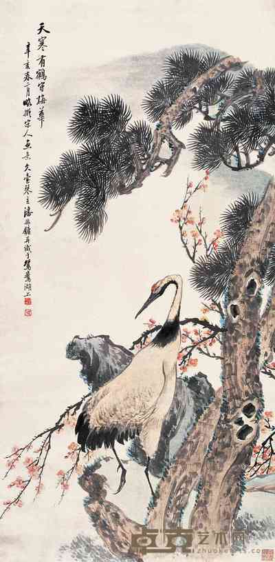 潘振镛 辛亥（1911年）作 松鹤延年 立轴 132.5×65cm